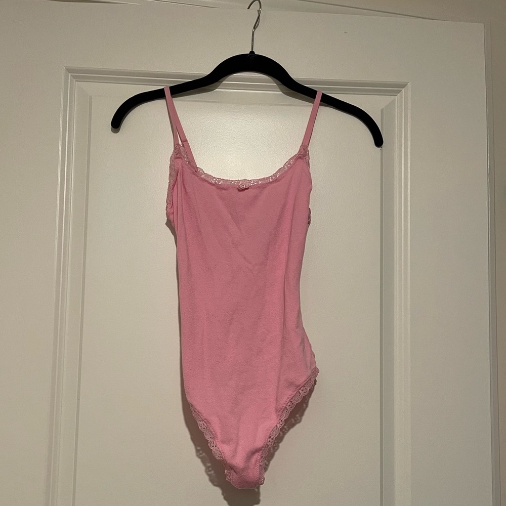 Skims Logo Pointelle bubblegum pink thong bodysuit lace trim rosette tank cami